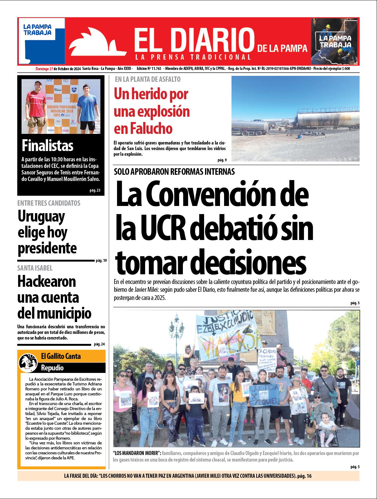 Tapa de El Diario en papel  domingo 27 de octubre de 2024